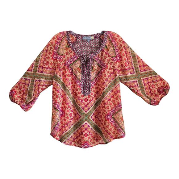 FIGUEROA & FLOWER Women's Petite L PL Blouse Peasant Tie Front 3/4 Sleeve 40" - Picture 1 of 7